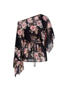 Ellevyn Women's Fashion Elegant Asymmetric Neck One Shoulder Cinched Waist Chiffon Floral Print Blouse, Suitable For Commuting, Outings And Daily Wear Teacher For Women Country Women Beach Vacation - Multicolor - View 2
