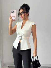 SHEIN Unity Women's Off-White Summer Elegant Office Deep V-Neck Slit Hem Rhinestone Button Decor 3D Pleat Short Sleeve Blouse For Party,Tea Gathering - Apricot - View 6