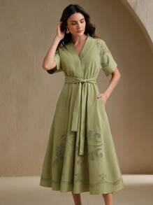 Anewsta Vestido elegante con escote en V, manga corta y bordado calado para mujer