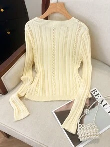 Franclia Hollow Out Long Sleeve Crewneck Knit Sweater, Lightweight Knit Pullover Fall Winter