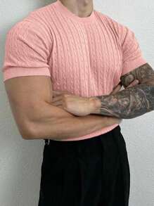 Manfinity Homme Short Sleeve Cable-Knit Pink Top For Men In Soft Fabric And Regular Fit Style - Pink - View 2