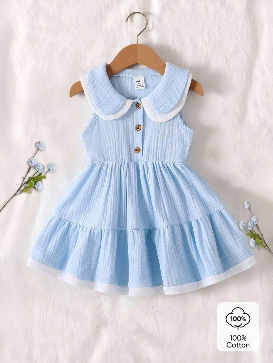 SHEIN 春夏款棉质纱布双层领 A 字裙，女孩荷叶边下摆，适合聚会和外出。 - 淺藍色 - 查看 1