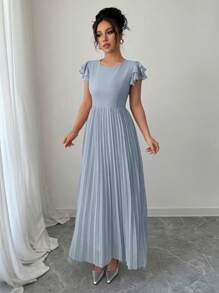 Modelyn 女式喇叭泡泡袖褶皱连衣裙 - 灰藍色 - 查看 6