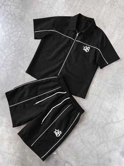 STYNVO 3 件男士星星印花短袖拉链衬衫和短裤套装