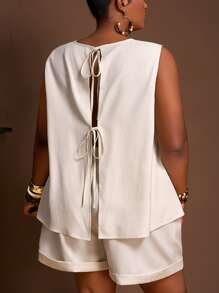 Slaydiva 2025新款夏季两件套休闲套装,沙滩/休闲圆领无袖宽松喇叭上衣和短裤套装,适合夏季穿着。两件套女装,夏季女装,夏季套装,女士短裤套装,女士大码服装,女士短裤夏季服装,女士白色短裤套装,女士夏季短裤套装,亚麻短裤套装,白色两件套夏季套装 - 白色 - 查看 3