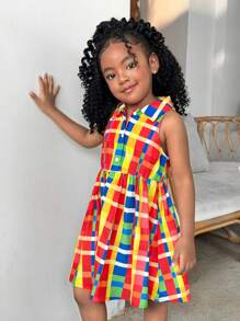 SHEIN Young Girl Casual Multicolor Plaid Sleeveless Collared Half-Button Front Dress