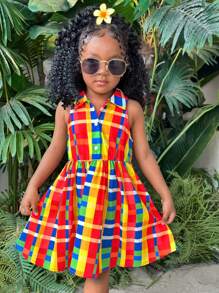 SHEIN Young Girl Casual Multicolor Plaid Sleeveless Collared Half-Button Front Dress