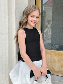 SHEIN 青少年女孩休闲纯黑色露背蝴蝶结短款无袖衬衫 - 黑色 - 查看 6