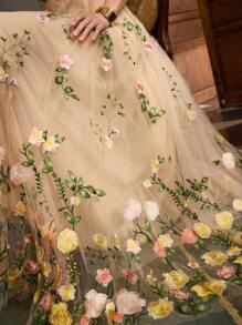 ZEYLAH 3D花卉刺绣网眼女式连衣裙 - 黃色 - 查看 2