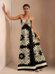 Zivah 女士休闲度假抽绳V领露背高开衩连衣裙，印花，适合夏季度假 - 彩色 - 查看 6