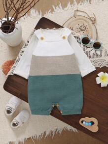 SHEIN 1pc Baby Boys Casual Minimalist Infant Knit Jumpsuit, Comfy & Soft Strap Baby Clothes Knit Knitted Baby Boy Clothes Unisex Baby Clothes Knitted Baby Clothes Neutral Gender Baby Clothes Fall Winter - Green - View 7