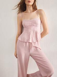 Ocili Leisure Pink Striped Casual Women's Pajama Set Outfit - Pink - View 5