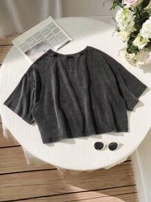 SHEIN EZwear Camiseta de algodón lava con mangas cortas, talla grande, primavera