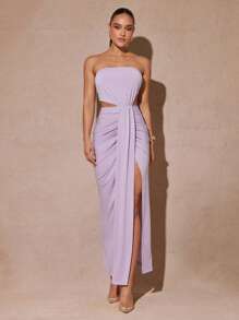 Silquee 女式纯色露肩镂空腰部褶皱侧开衩连衣裙 - 紫色 - 查看 1