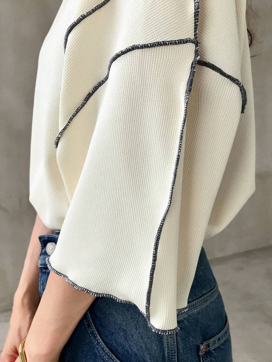 FRIFUL Top de plage casual à col rond oversize bicolore pour femmes, hauts polyvalents à manches longues pour femmes