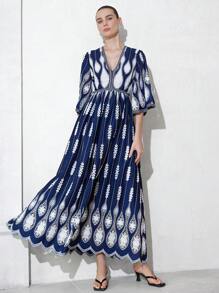 Aveloria Modichic Elegant French Resort Style Colorblock Embroidered A-Line Sleeve V-Neck Cinched Waist Flared Hem Women's Maxi Dress, Long Sleeve - Multicolor - View 7