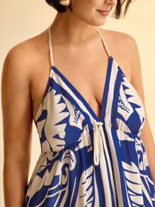 CAJUNI Women Vacation Tropical Boho Blue And White Print Spaghetti Strap Lace Up Casual Beach Summer Maxi Dress - Blue and White - View 6