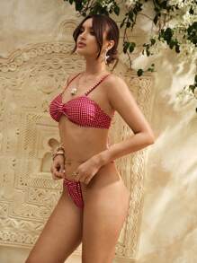 Swim Chiccia 2 件套女士格子印花性感抹胸上衣和可拆卸肩带露背三角泳裤红色比基尼套装，夏季 - 紅色 - 查看 4
