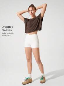 GLOWMODE Modal Oversized Short Sleeve Tee With Keyhole Back Low Impact Yoga Daily Casual - Chocolate Brown - View 2