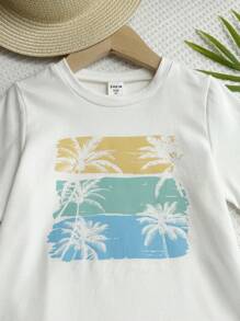 Camiseta de manga corta de punto con cuello redondo y estampado de vacaciones lindo y casual para niños pequeños, adecuada para el trayecto, la escuela, el uso diario casual, las vacaciones, los deportes, la primavera, el verano, el otoño y el invierno