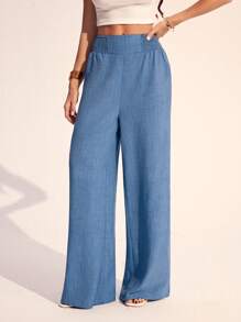 SHEIN Tall 夏季休闲度假腰头蓝色阔腿裤 - 藍色 - 查看 4