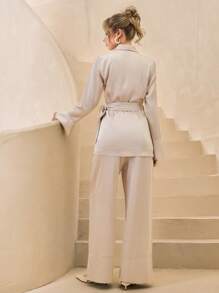 SHEIN Cottnline 2pcs Set: Wrap Waist Tie Front Jacket And Pants Suit In Bengaline Fabric - Beige - View 2
