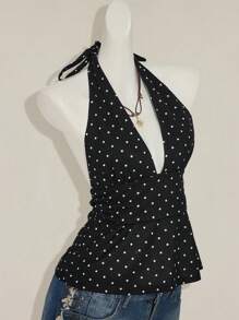 SHEIN ICON Women Casual Minimalist Halter Deep V-Neck Polka Dot Top Wrap Back Blouse