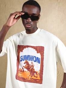 SUMWON 超大西部牛仔图案 T 恤复古风格骑马休闲都市街头服饰节日 T 恤 - 杏色 - 查看 3