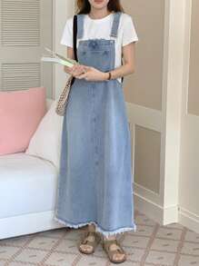 DAZY Abito salopette casual in denim da donna con tasche e design con orlo sfilacciato
