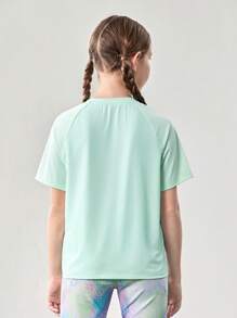 JNSQ 重返校园青少年女孩户外运动短袖 T 恤，儿童圆领拼接 3M 反光字母印花户外运动短袖上衣 - 綠色 - 查看 3