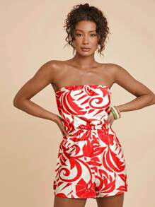 Travachic 女士热带植物印花抹胸连体衣，女士夏季服装，女士度假服装，沙滩装，复活节，女士沙滩装 - 紅白色 - 查看 6