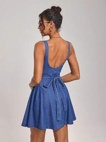 SHEIN Tall 女士休闲露背系带无袖牛仔连衣裙，适合日常穿着 - 藍色 - 查看 5