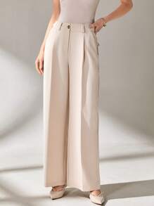 CLARA VERO Pantalones anchos de mujer con bolsillo y cremallera decorativa de color liso