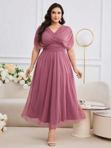 Modelyn 加大码 V 领褶饰前交叉系带褶饰闪光长裙