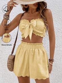 SHEIN Frenchy Bộ 2 áo và quần short trang trí nơ buộc dây màu trơn cho nữ, kỳ nghỉ ở bãi biển - Màu vàng - Xem 3