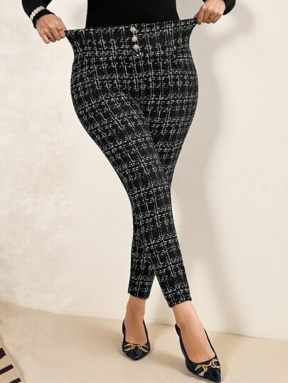 Chikora Plus Size Front Button Allover Print Casual Pants, Fashionable For Everyday Wear, For Daily Wear&Valentine's Day Date & Party Pants High-Waisted Tummy Control Pants With High Elasticity Spring/Summer