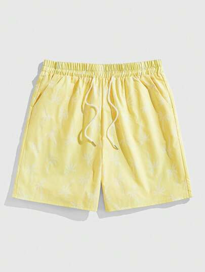 Street Life Men's Summer Beach Vacation Style Allover Palm Tree Print Drawstring Waist Side Pockets Shorts