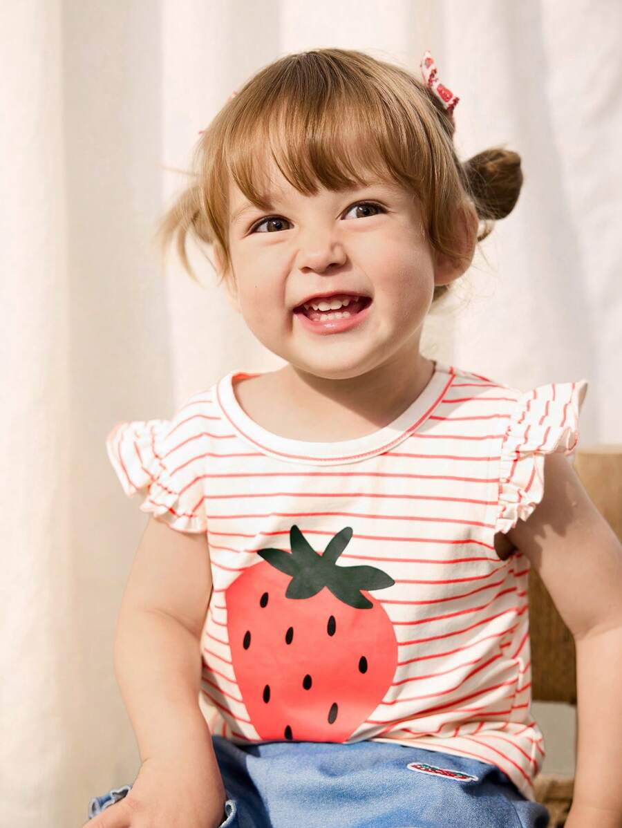 Cozy Pixies Baby Girl Strawberry Pattern Knit Soft Ruffled Hem Crew Neck Pullover Top - Multicolor - View 1