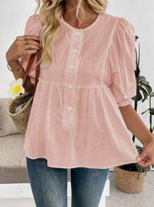 SHEIN LUNE Women's Half Open Placket Button Down Blouse, Fashion For Summer - Pink - View 4
