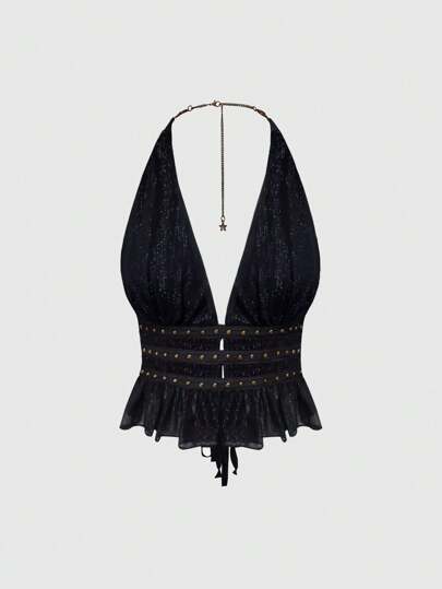 Hippie Women's Vintage Wooden Bead Decor Backless Spaghetti Strap Cowgirl Halter Top , Holiday Style