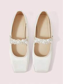 CUCCOO DOLLMOD White Fashionable Pearl Buckle Square Toe Flat Women Shoes, French Style - White - View 1