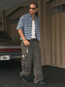 AXEPEAK Men's Striped Frayed Edge Short Sleeve Single-Breasted Casual Denim Shirt - Blue - View 3