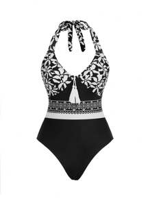 Swim Oasis 女式波西米亚风黑白花叶流苏吊带连体泳衣，优雅休闲，适合春夏季假日海滩派对，两件套 - 彩色 - 查看 8