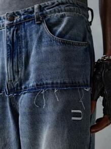 NEON BLANC Quần Jeans Denim Dài Thêu Khối Màu Dáng Rộng Phong Cách Đường Phố Cho Nam - Màu xanh lam - Xem 4