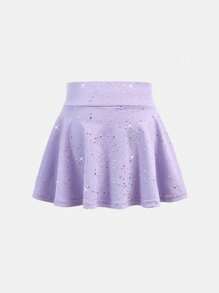 SHEIN Young Girls Activewear Purple Star Print Elastic Waist Comfortable Breathable Mini Skirt, For Yoga, Indoor Dance