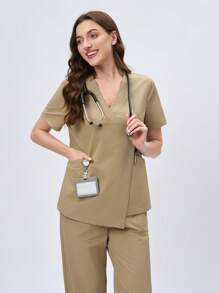 Scrubzie 2pcs/Set Women Nurse Scrub Uniform Wrap Top And Anti-Wrinkle Long Pants - Khaki - View 6