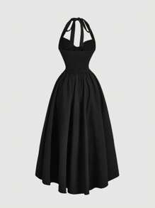 SHEIN MOD Plus Size Women's Halter Neck Ruched Bow Swing Dress, Black Color Party Women Outfits,Masquerade Ball Dress,Birthday Women Outfits,Sexy Black Dress,Dress With Bow Dress Women Maxi Dress Prom Dresses For Woman Women Formal Vintage Dresses For Woman Party Dresses For Women Women Cocktail Dresses Party Dresses For Women Women Formal Milkmaid Dress,Corset Dress,Wedding Guest Dress Women - Black - View 2