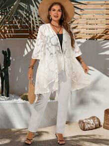 EMERY ROSE Plus Size Solid Sheer Asymmetric Hem Elegant Coat, Summers For Women, Raves, Easter Curve, Country Concert White Lace Kimono Lace Cover Up Floral Kimono Boho Kimono Fall Women Clothes, Autumn,Fall Clothes - Apricot - View 3