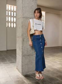Nöista Áo thun in hình, áo crop top dáng rộng cổ tròn cho nữ, thích hợp mặc mùa hè. - trắng - Xem 4