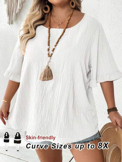 SHEIN CURVE+ Plus Size Women's Khaki Blouse With Ruffle Short Sleeves, Loose Casual Hem, Suitable For Daily & Vacation Wear, Summer, Curve Plus, Boho Vacation Summer/Country/Beach Vacation/Beach Wear